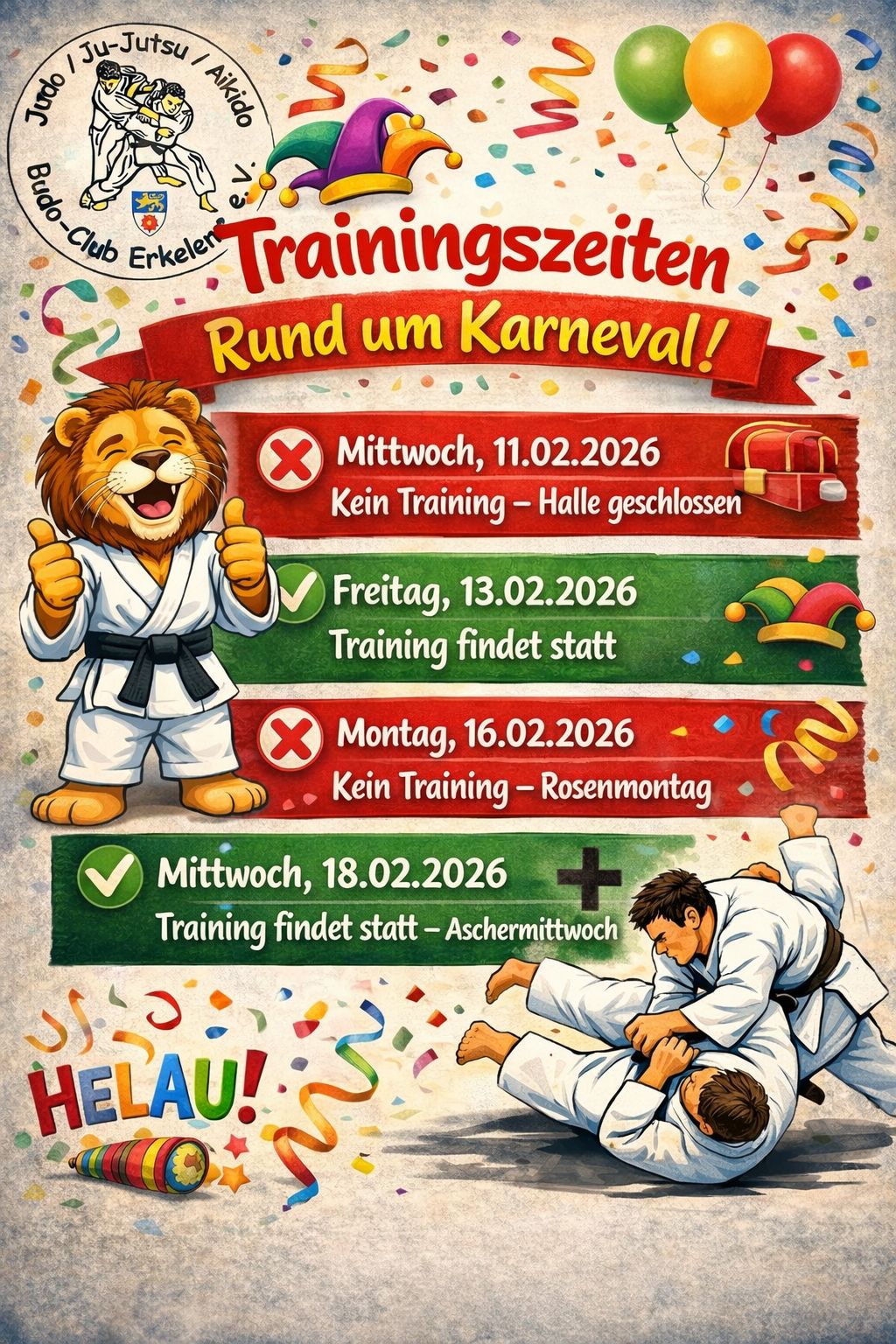 Trainingszeiten rund um Karneval